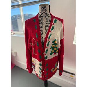 VTG 80s Nordstrom Red Kitschy Embellished Holiday Christmas Button-Up Chunky Ove